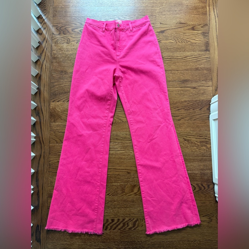 ALICE + OLIVIA Gorgeous Coin Pocket Jeans Wild Pink‎ High Rise Raw Hem Flare 31